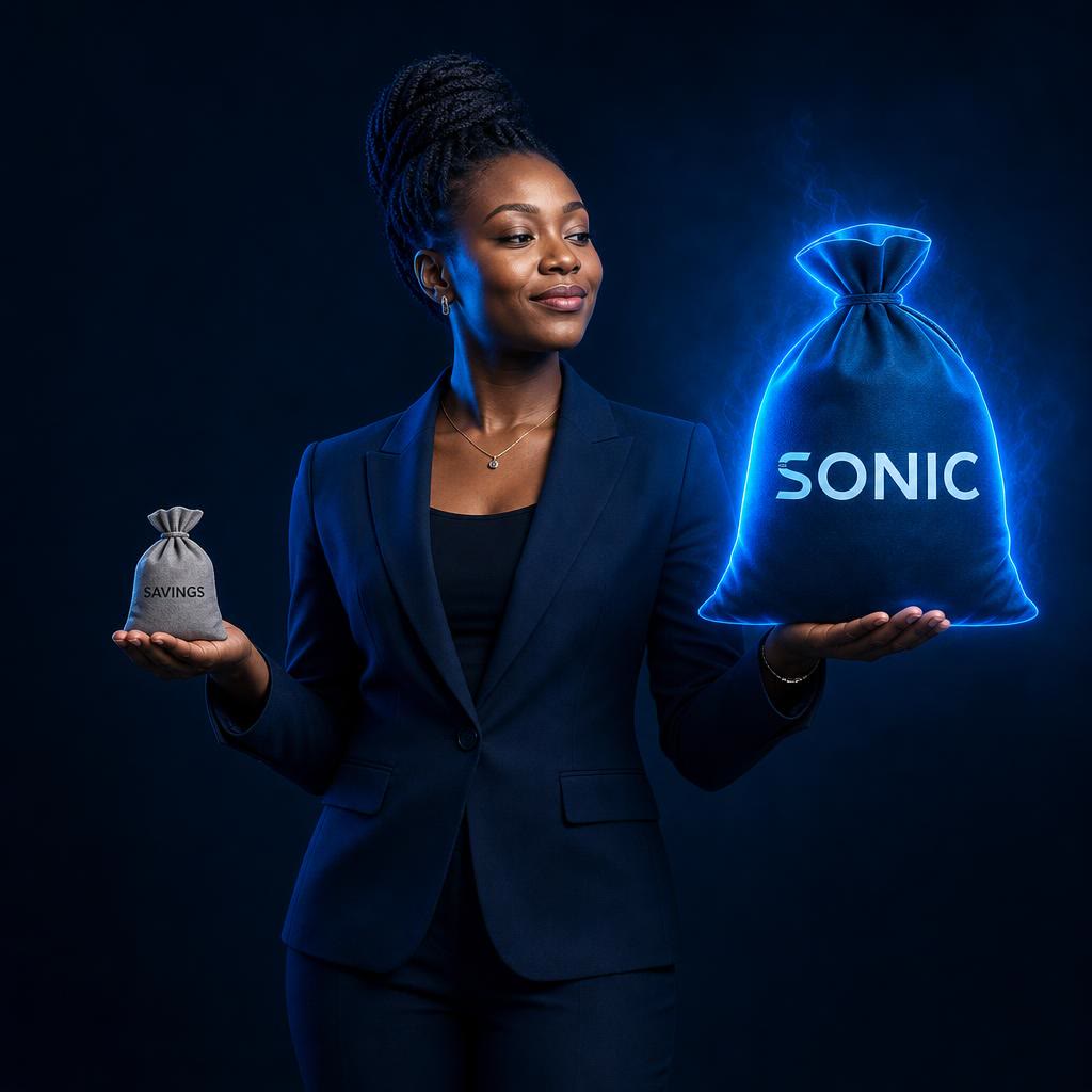 A regular person holding a small grey savings bag in one hand and a much larger glowing blue bag with a rising chart in the other